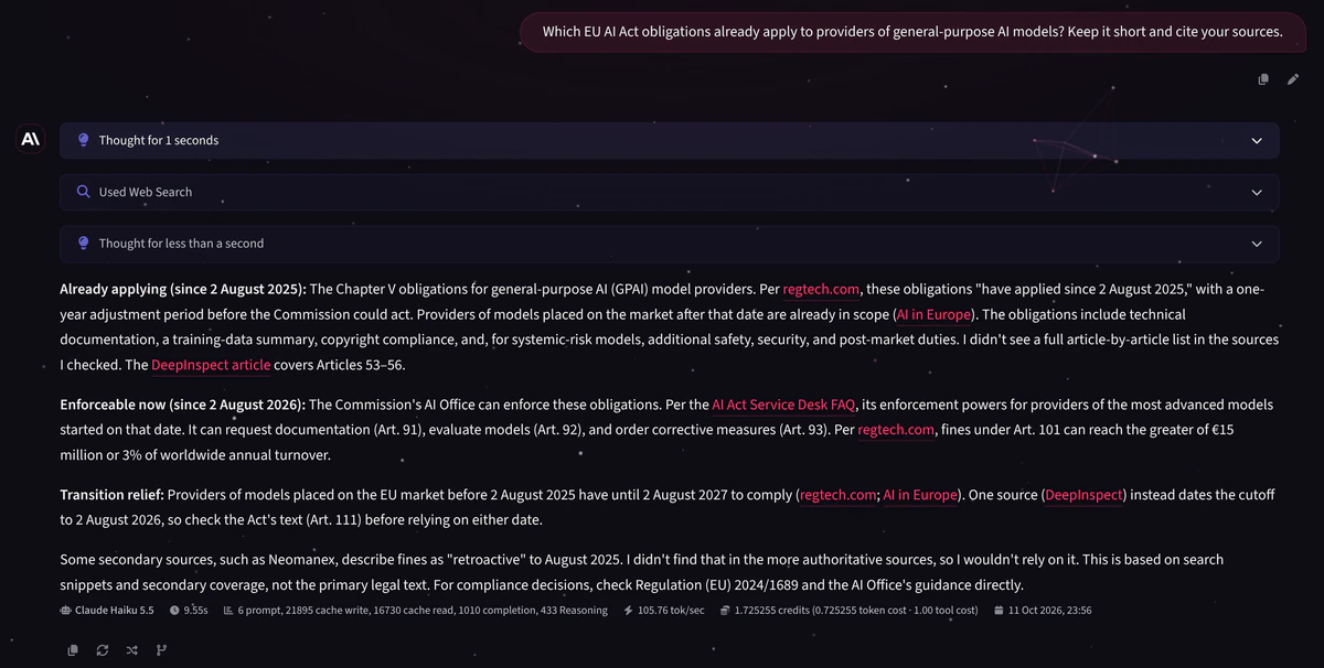 MTN AI chat answering a prompt, with the model picker and per-message cost shown