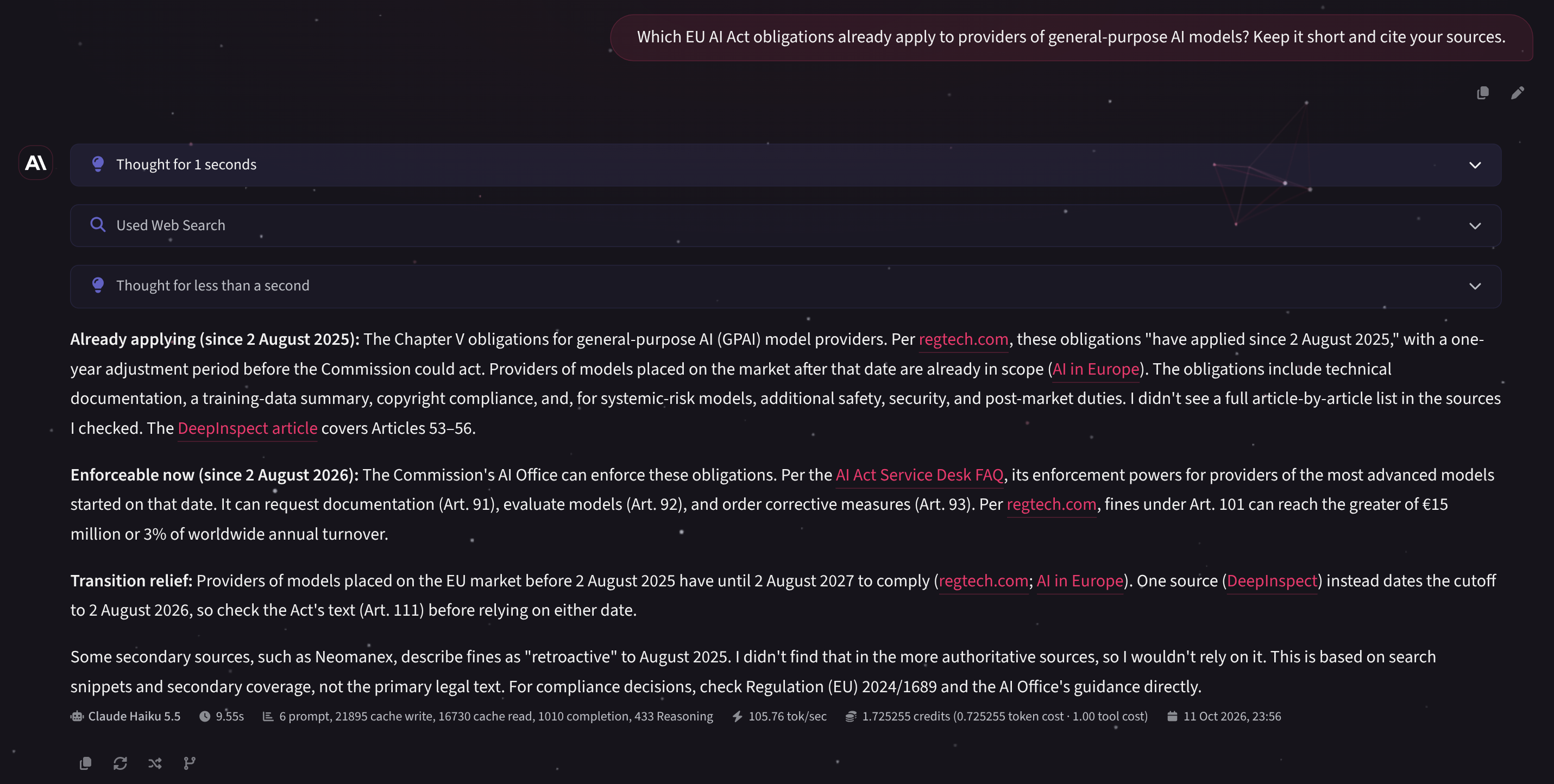 MTN AI chat answering a prompt, with the model picker and per-message cost shown