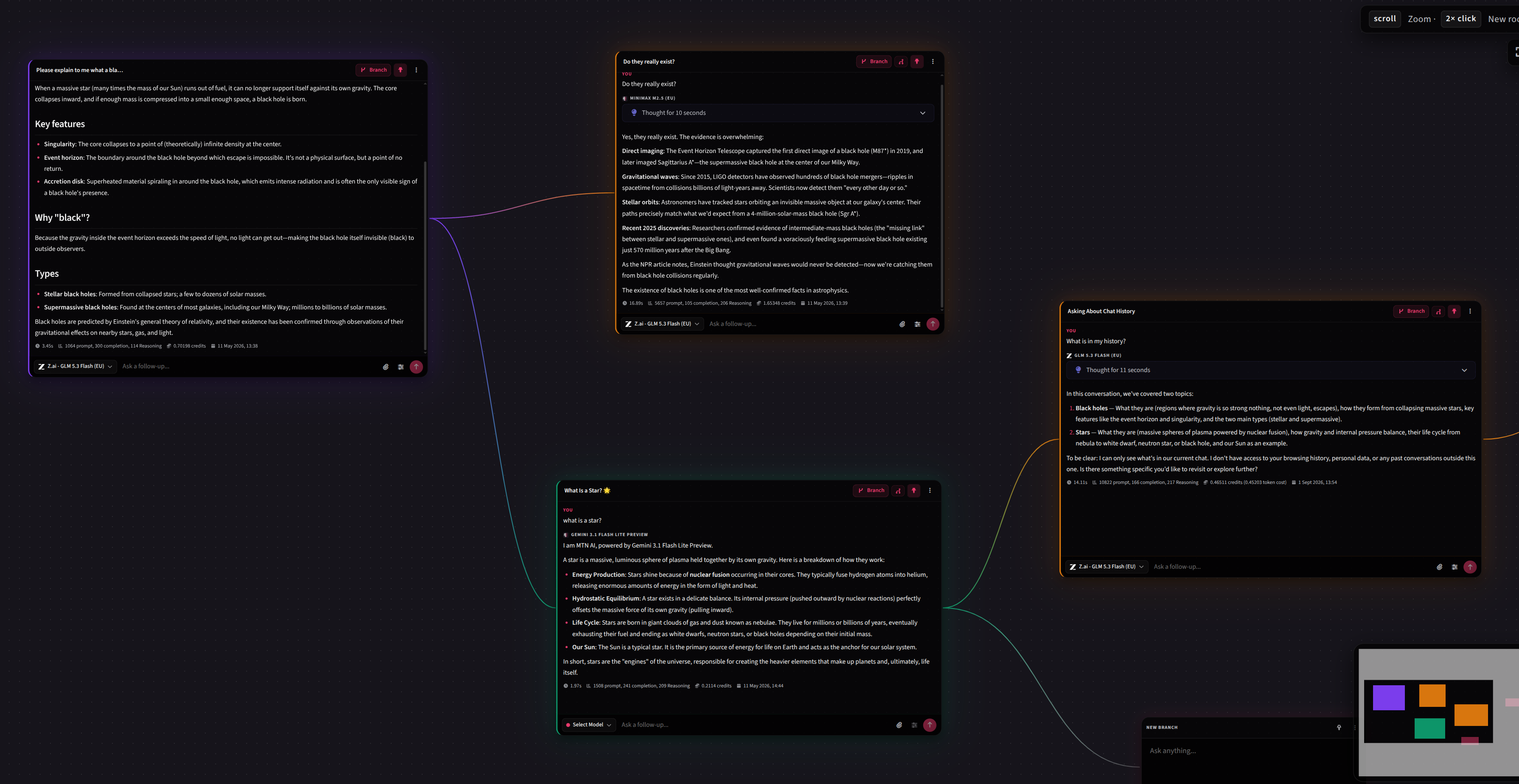 MTN AI Flow: one conversation branching into multiple nodes on a canvas