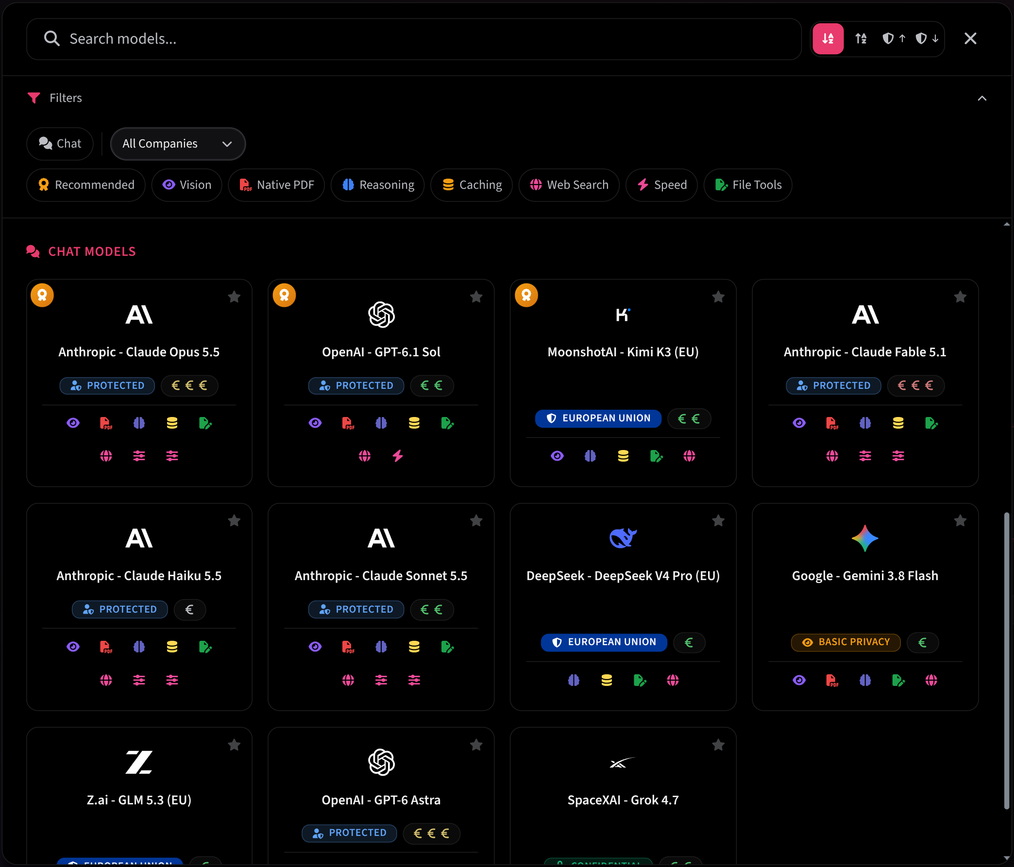 MTN AI model grid: Anthropic, OpenAI, Google and open models with privacy-tier, cost and capability badges