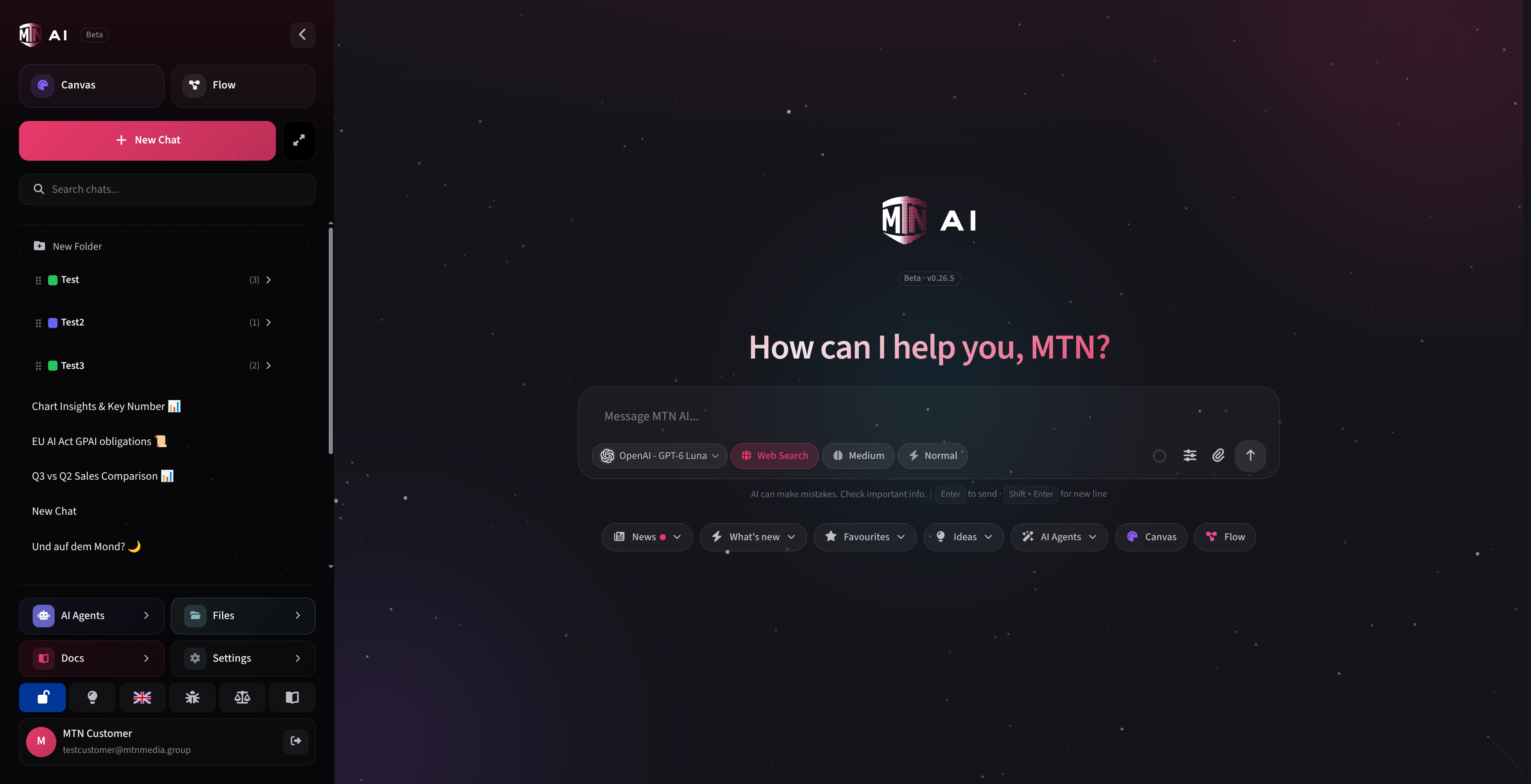 MTN AI home screen with the message box, model picker and shortcuts to Agents, Canvas and Flow